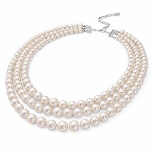 White Simulated Pearl Triple Row Necklace in Silvertone 23 to 27 Inches